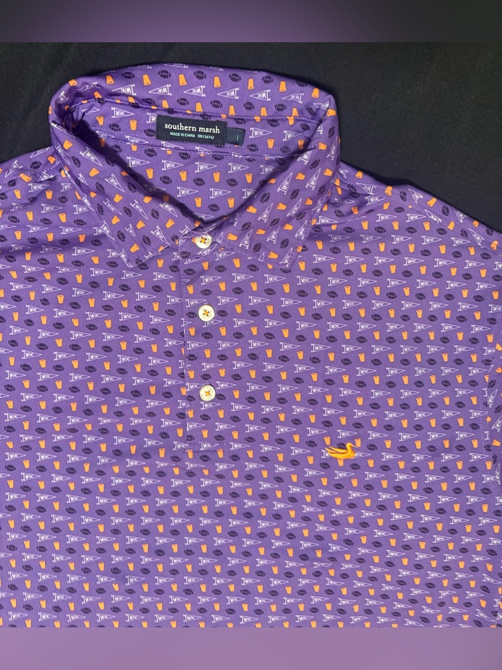 Southern Marsh Men's Pick Six Performance Polo Shirt Large, Purple Orange Print